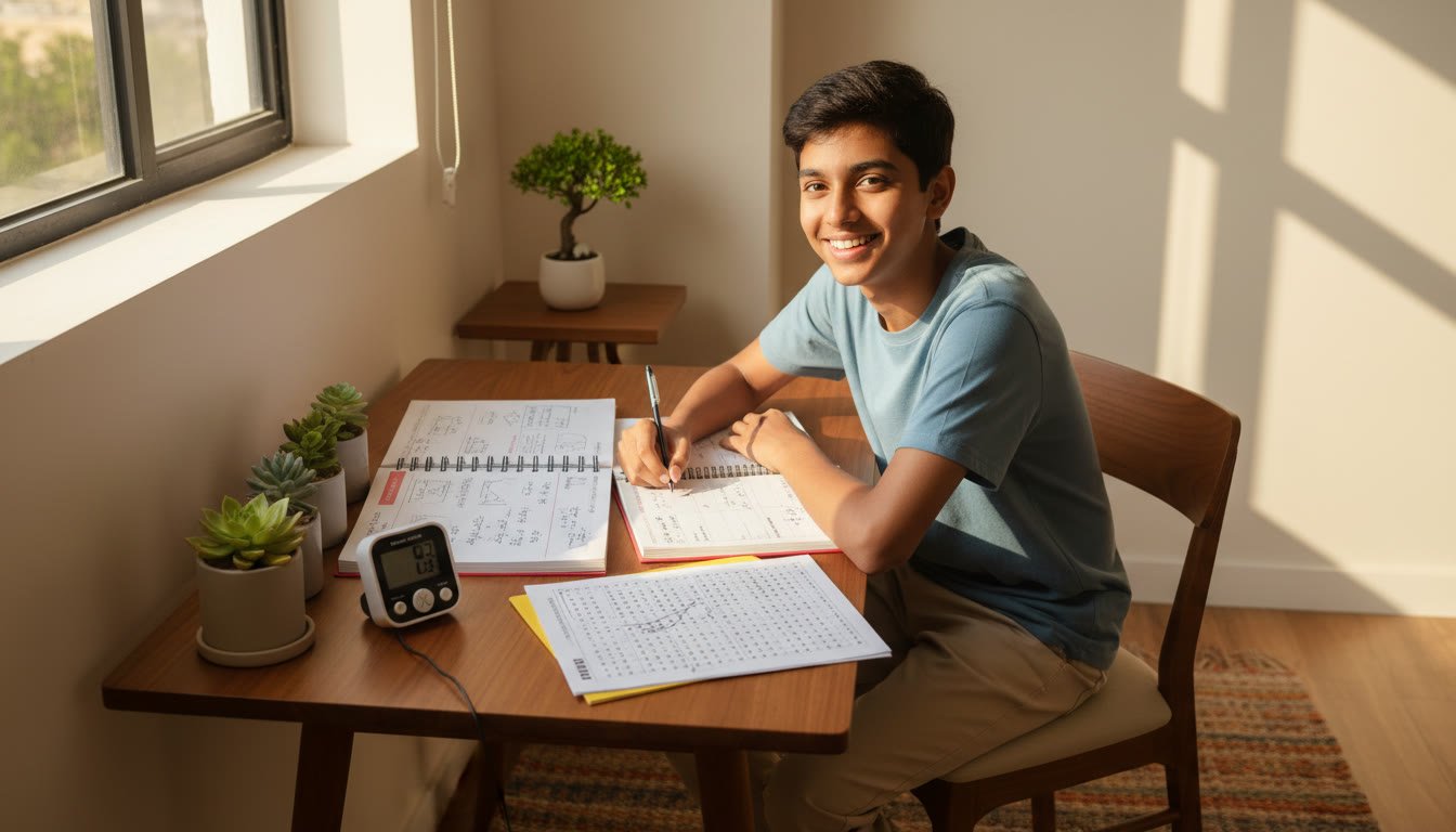 Photo Idea : Student studying at a desk with open NEET notes, a timer, and a practice OMR sheet visible