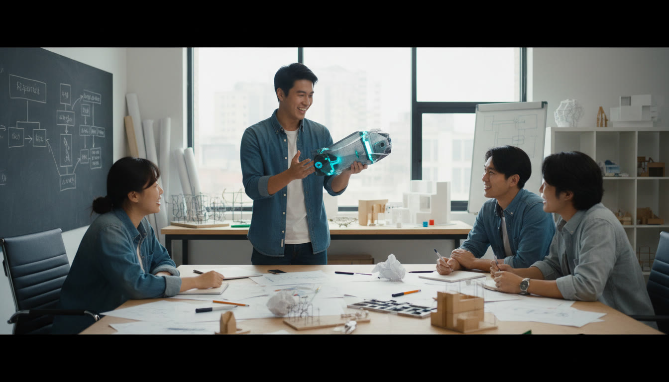 Photo Idea : Student presenting a design prototype to peers in a studio with sketches and models visible