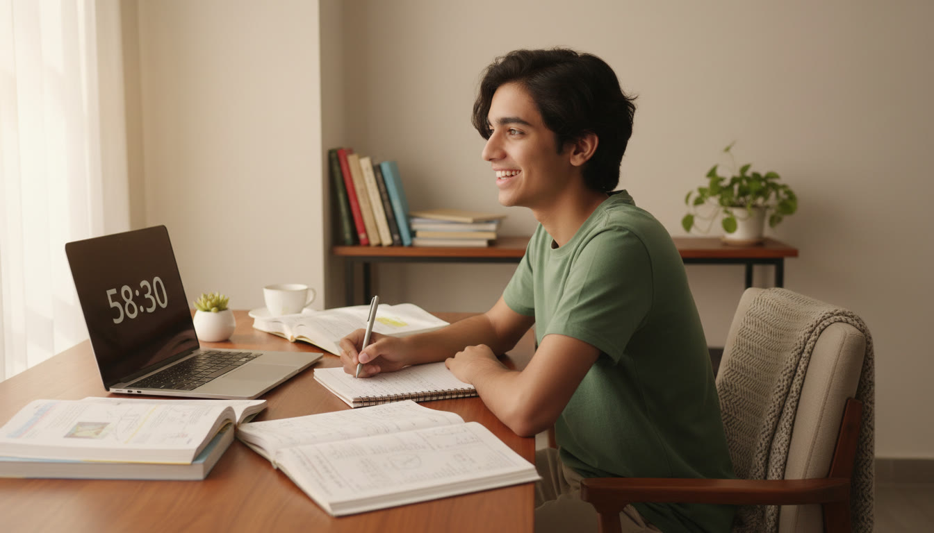 Photo Idea : A focused student at a neat desk with physics, chemistry, and maths books open, a notebook, and a laptop with a timer running