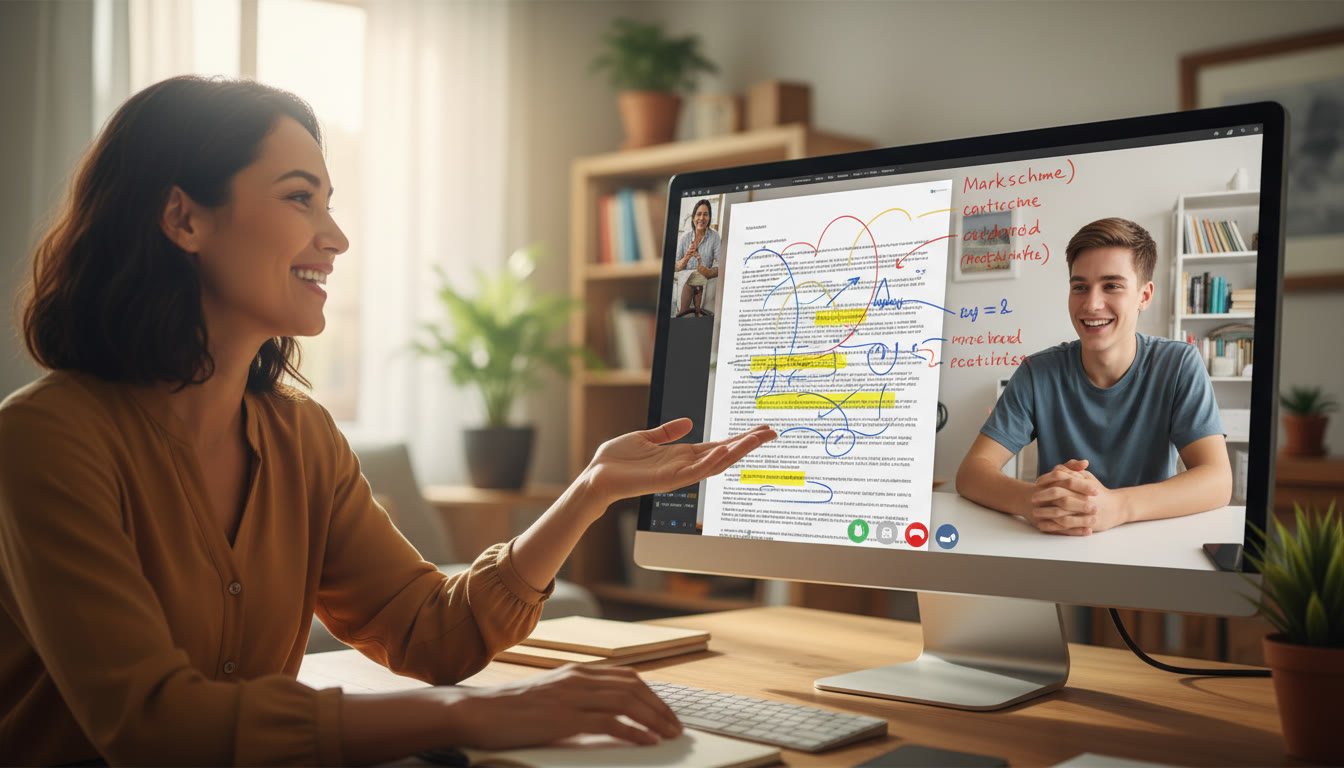 Photo Idea : tutor and student on a video call reviewing an annotated essay with highlighted command words and markscheme notes
