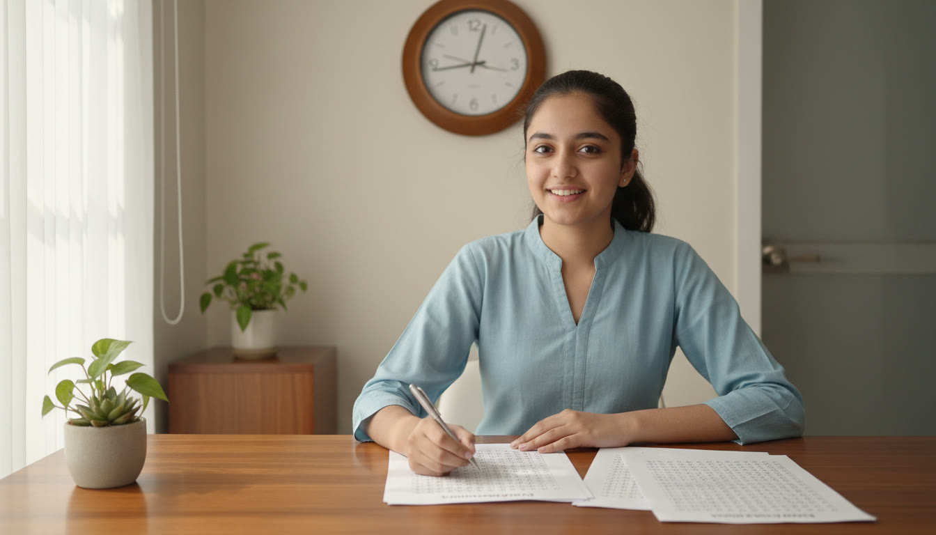 Photo Idea : A student taking a timed mock test at a desk, pen poised over an OMR sheet, a clock visible on the wall