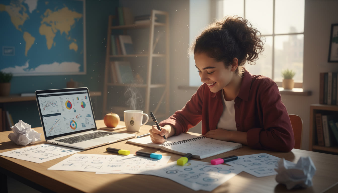 Photo Idea : Student sketching an IA plan on a notebook, surrounded by a laptop, highlighters, and printed criteria sheets.