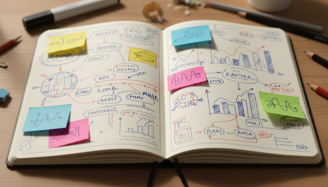 Photo Idea : Close-up of notebook pages with annotated sources, graphs, and sticky notes