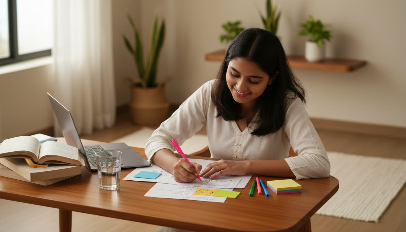 Photo Idea : A student annotating a solved sample paper with colored pens and sticky notes