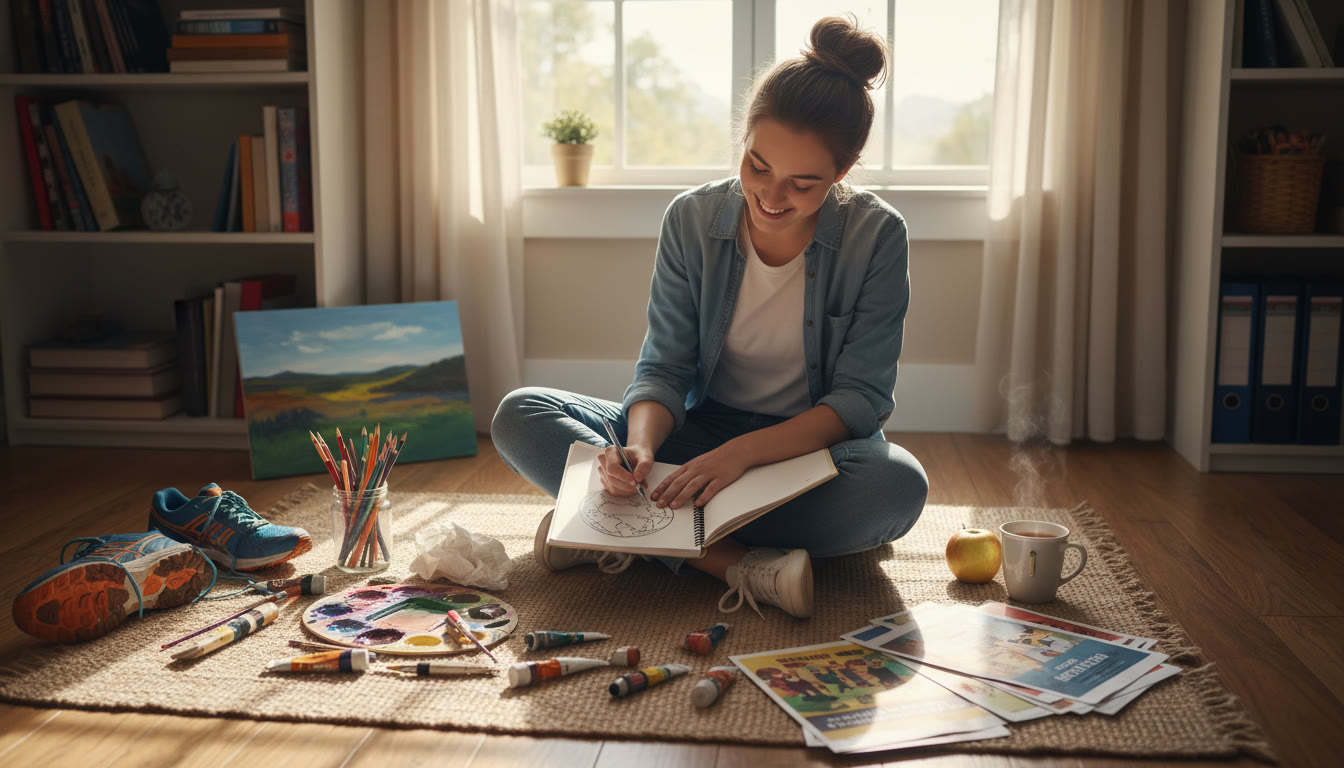 Photo Idea : Student writing in a notebook surrounded by arts materials, a pair of running shoes and community flyers