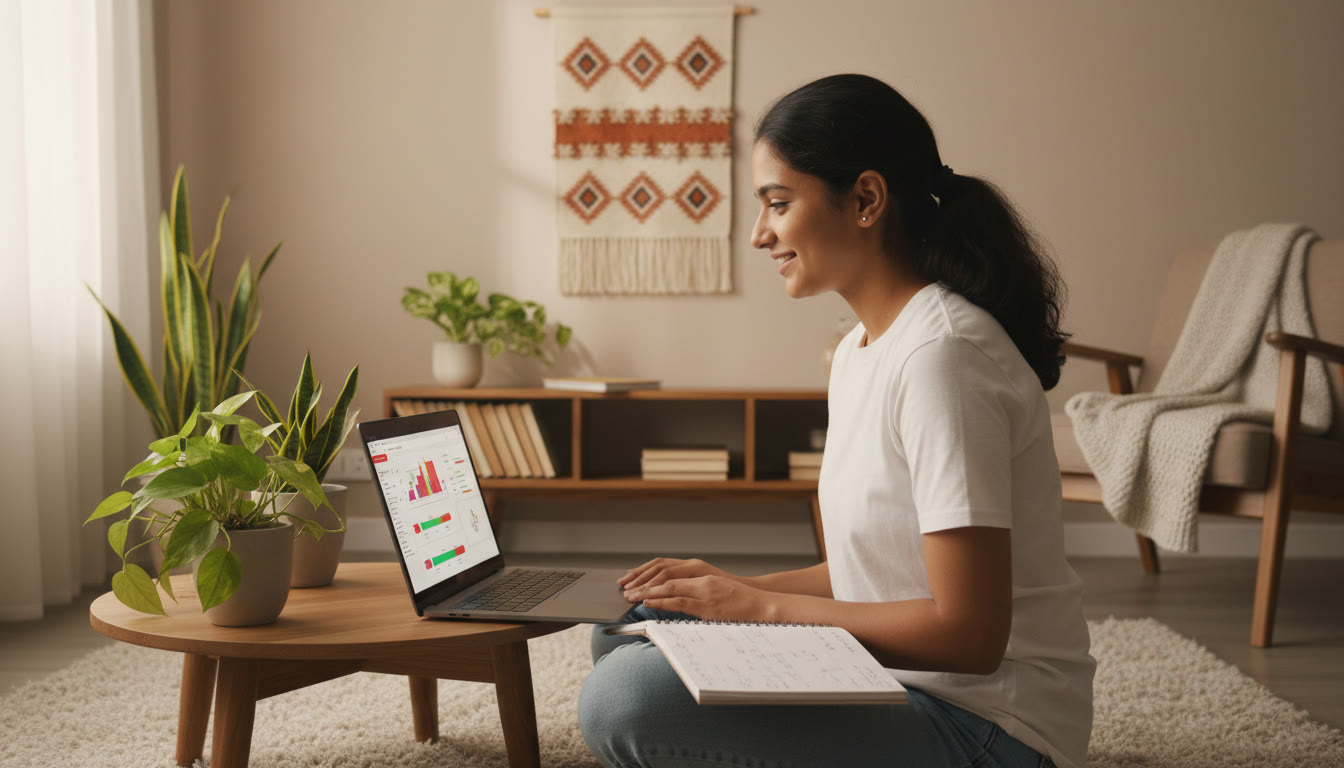 Photo Idea : A student in a quiet room taking a timed mock on a laptop with a notepad for rough work