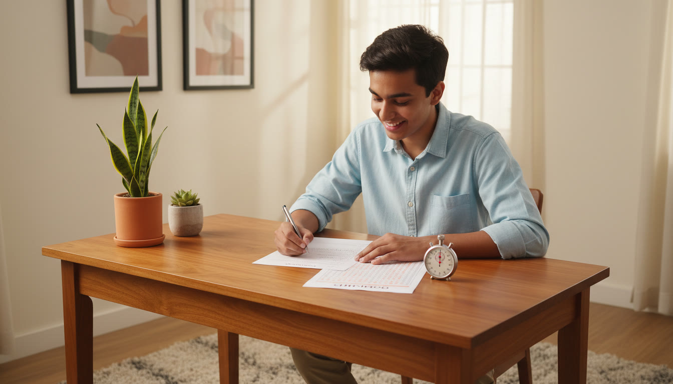 Photo Idea : A student taking a mock test under timed conditions with an OMR sheet and stopwatch on the desk