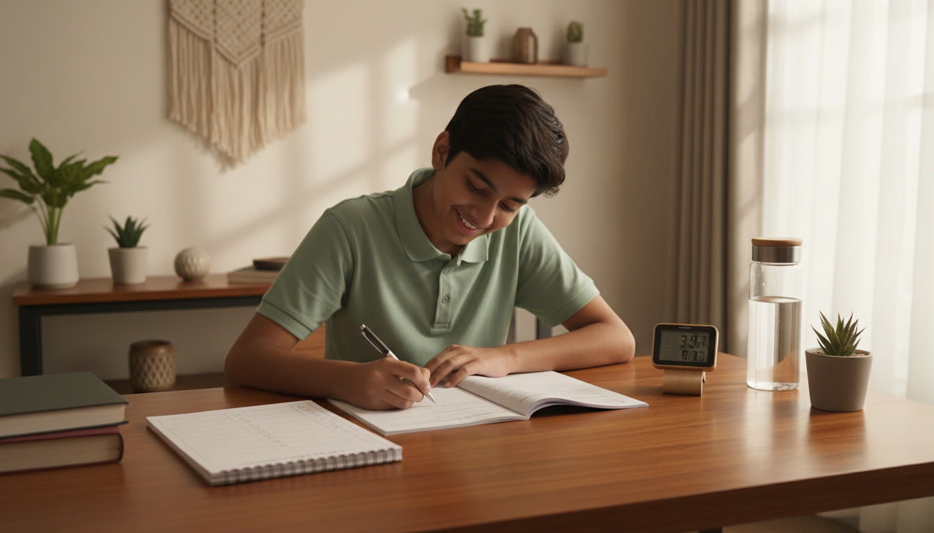 Photo Idea : A student at a desk, practicing a timed full paper with a visible checklist and water bottle