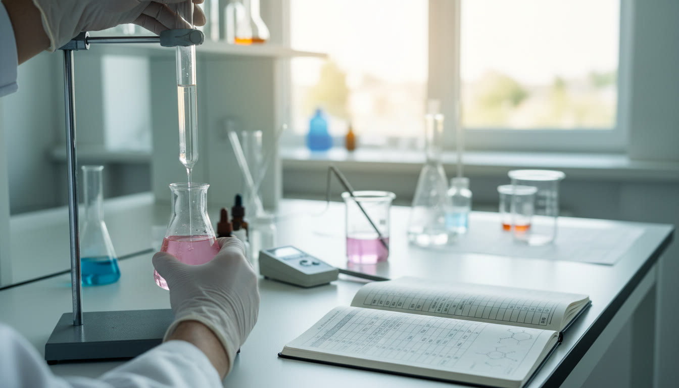 Photo Idea : Close-up of hands performing a titration with burette and lab notebook with neat data tables
