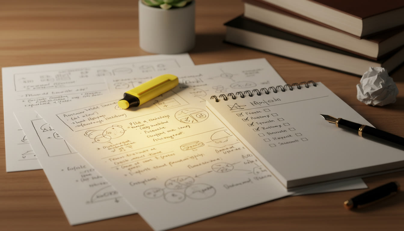 Photo Idea : Close-up of highlighted draft pages and a notebook with a to-do list
