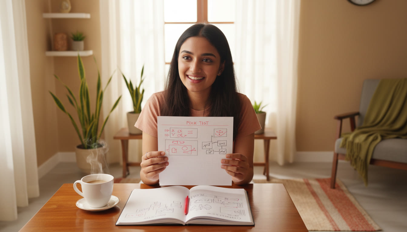 Photo Idea : Student reviewing a marked mock test with notes and a correction plan