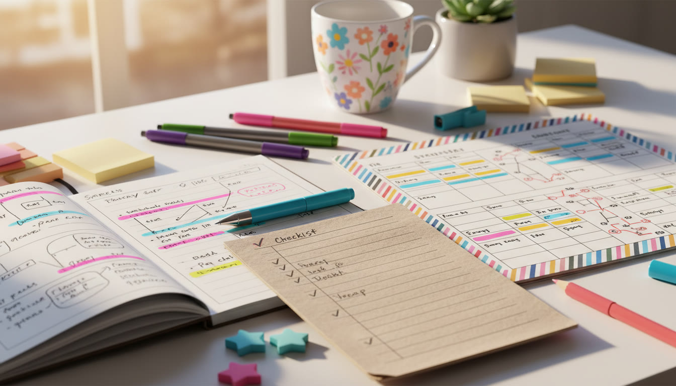 Photo Idea : Close-up of study notes, color-coded schedules, and a checklist laid out on a desk