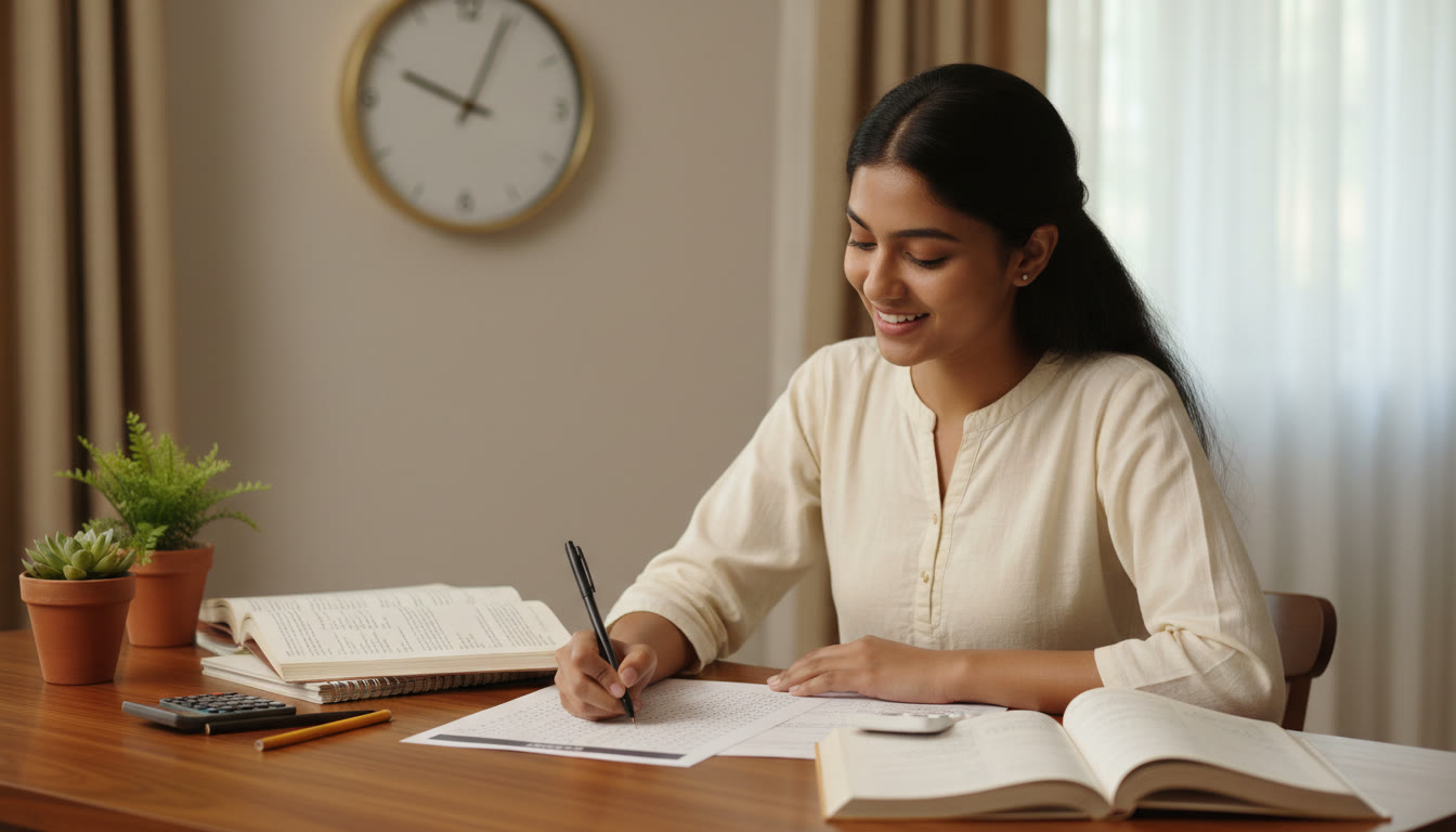 Photo Idea : A focused student filling an OMR sheet at a desk with a clock and scattered notebooks