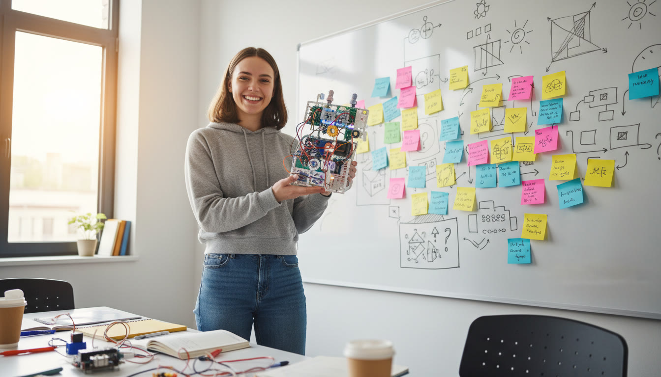 Photo Idea : A student holding a prototype next to a whiteboard filled with messy sticky notes and sketches