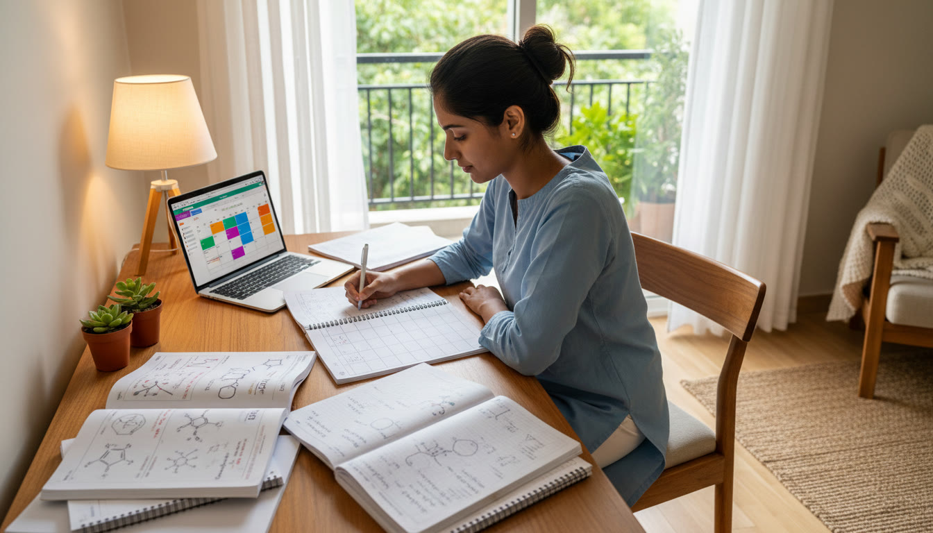 Photo Idea : A focused student at a desk with ISC textbooks, handwritten notes, and a laptop, planning a study schedule.