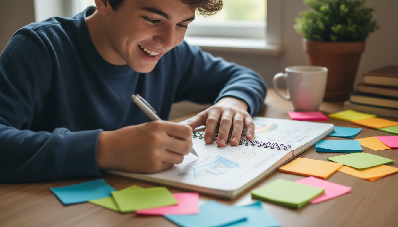 Photo Idea : Close-up of a student writing a CAS reflection in a notebook with colorful sticky notes around