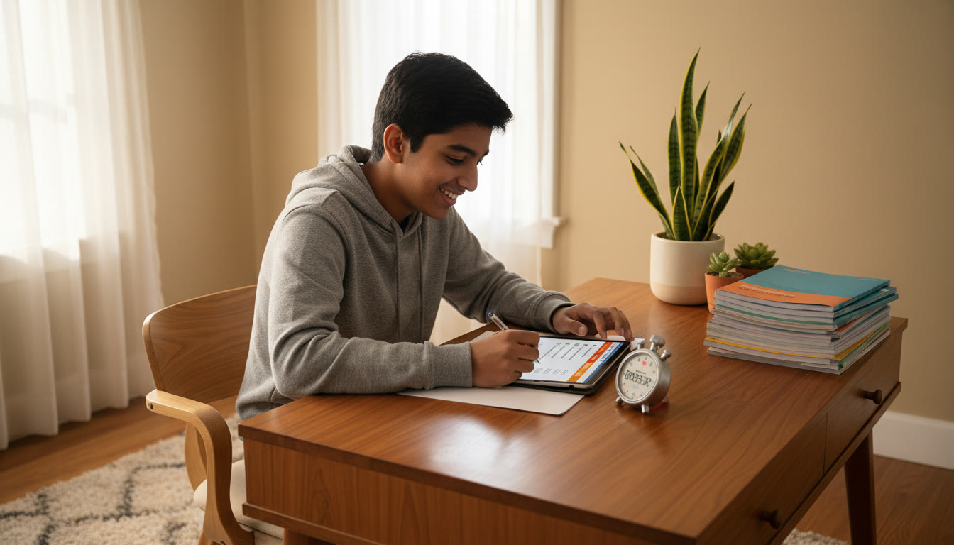 Photo Idea : A focused student taking a timed mock test at a desk with a stopwatch and a stack of past papers beside them.