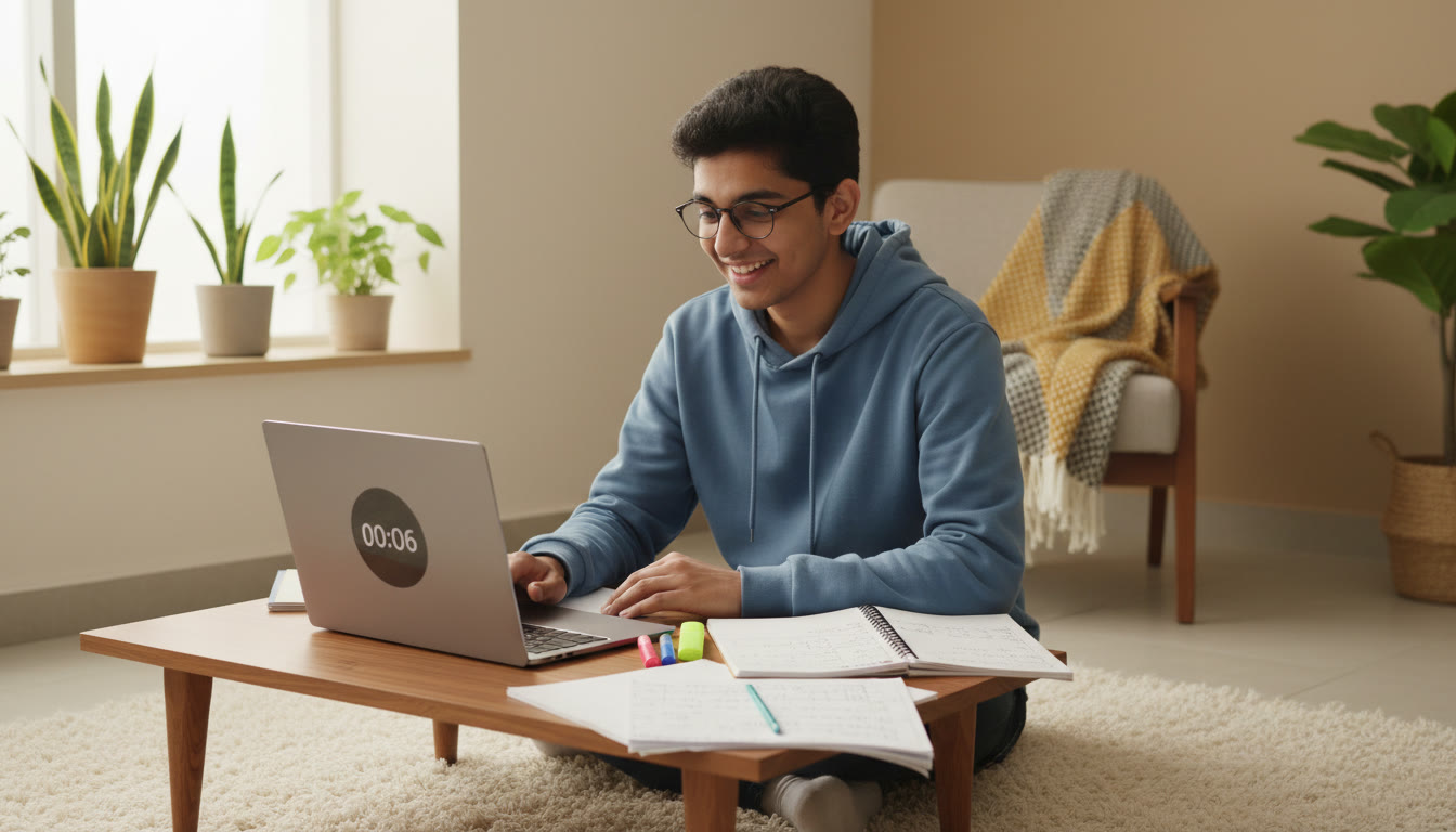 Photo Idea : Student taking a full-length mock test on a laptop with a visible countdown timer and neat handwritten notes beside them