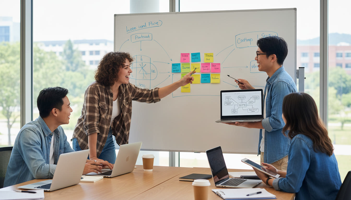 Photo Idea : A small team of students collaborating around a whiteboard with sticky notes and laptops