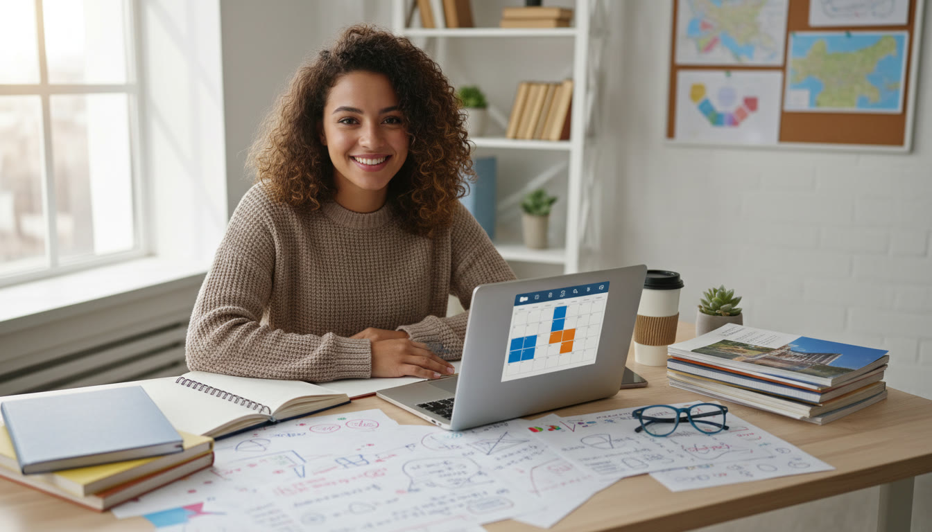 Photo Idea : an IB student at a tidy desk surrounded by subject notes, university brochures, and a laptop showing a planner
