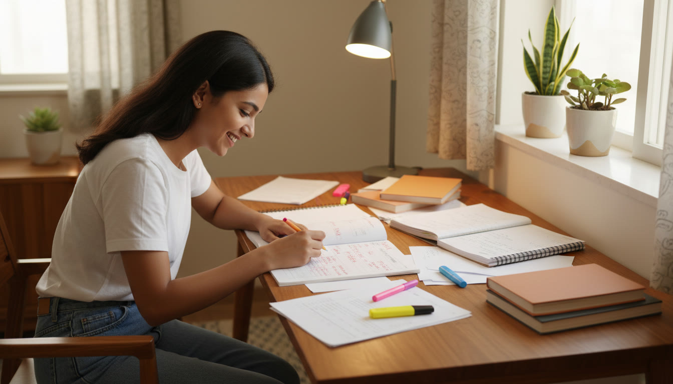 Photo Idea : Student reviewing a marked mock test with highlighters and notes spread out on a study table