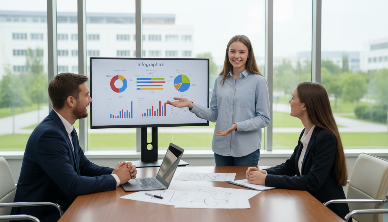 Photo Idea : A student presenting in an interview room with notes and a laptop