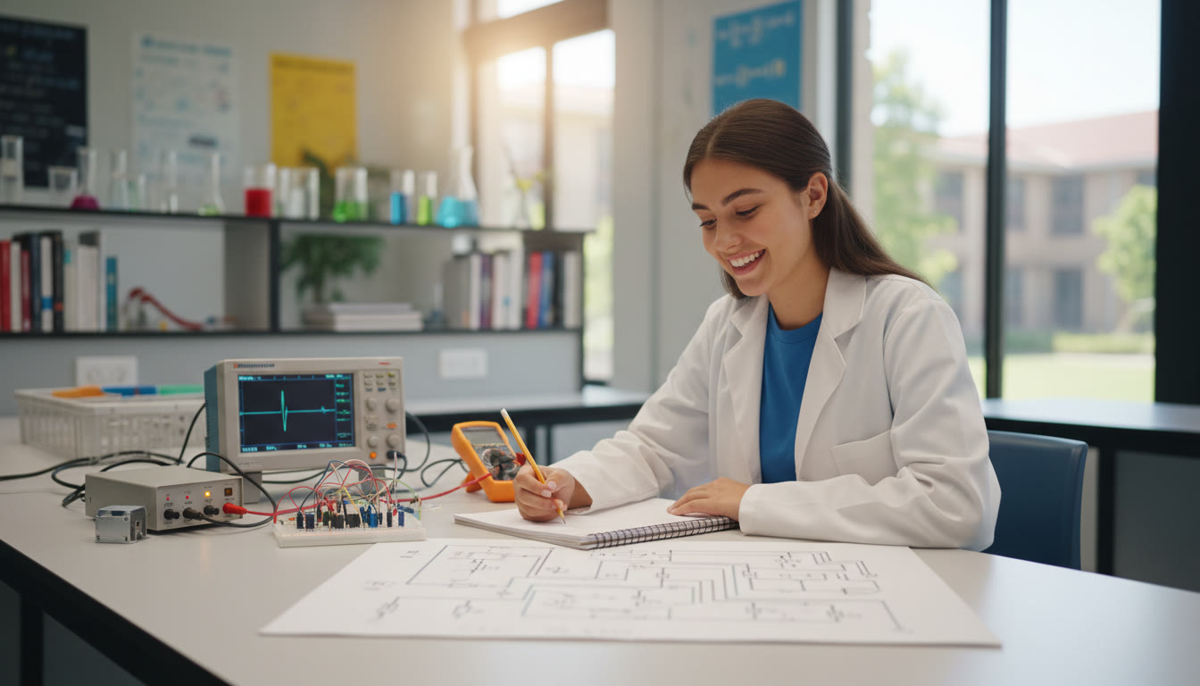 Photo Idea : Student in a bright lab setting sketching a circuit diagram with apparatus on the bench