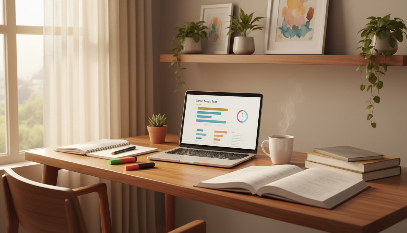 Photo Idea : A tidy study desk with a laptop showing a timed mock test, open notebooks, and a cup of coffee