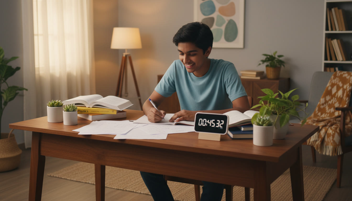 Photo Idea : A focused student solving physics and biology problems at a desk with scattered notes and a timer