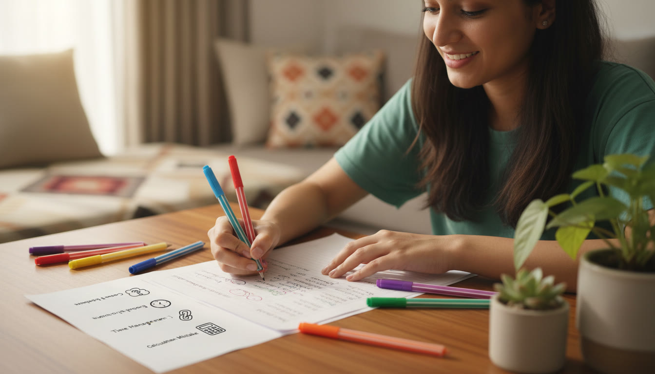 Photo Idea : Close-up of a student annotating a mock answer sheet with colored pens and a list of error categories