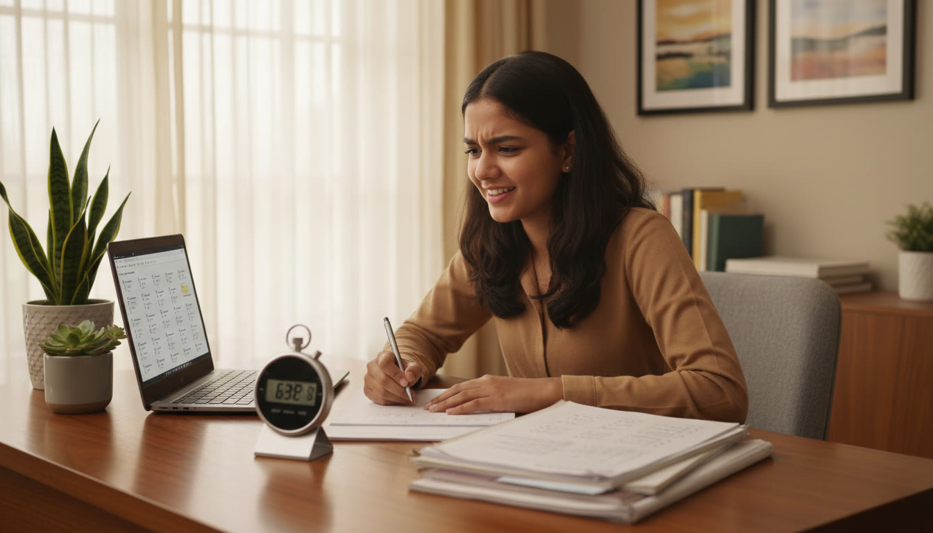 Photo Idea : Student taking a timed full-length mock test at a desk with stopwatch and notes