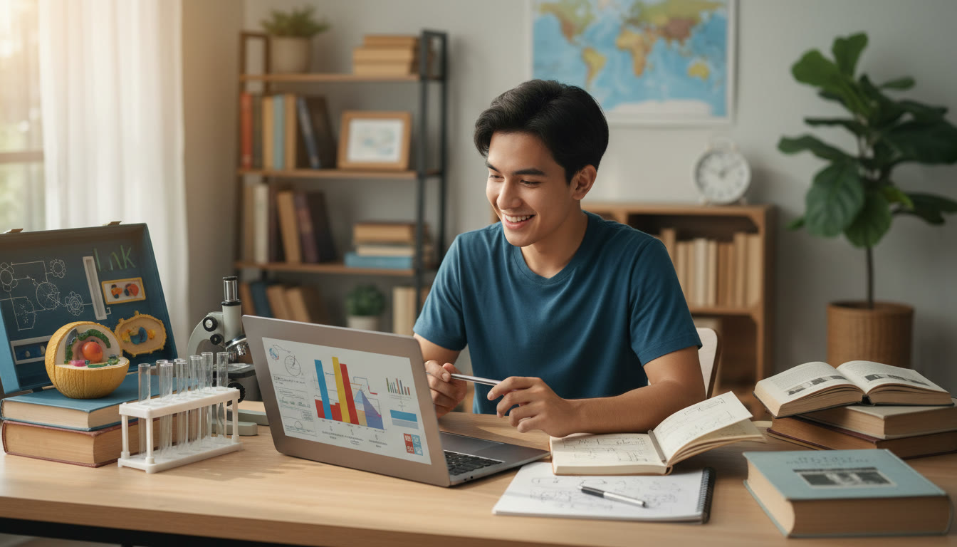 Photo Idea : Student at a desk with open science equipment and humanities books, notebook and laptop