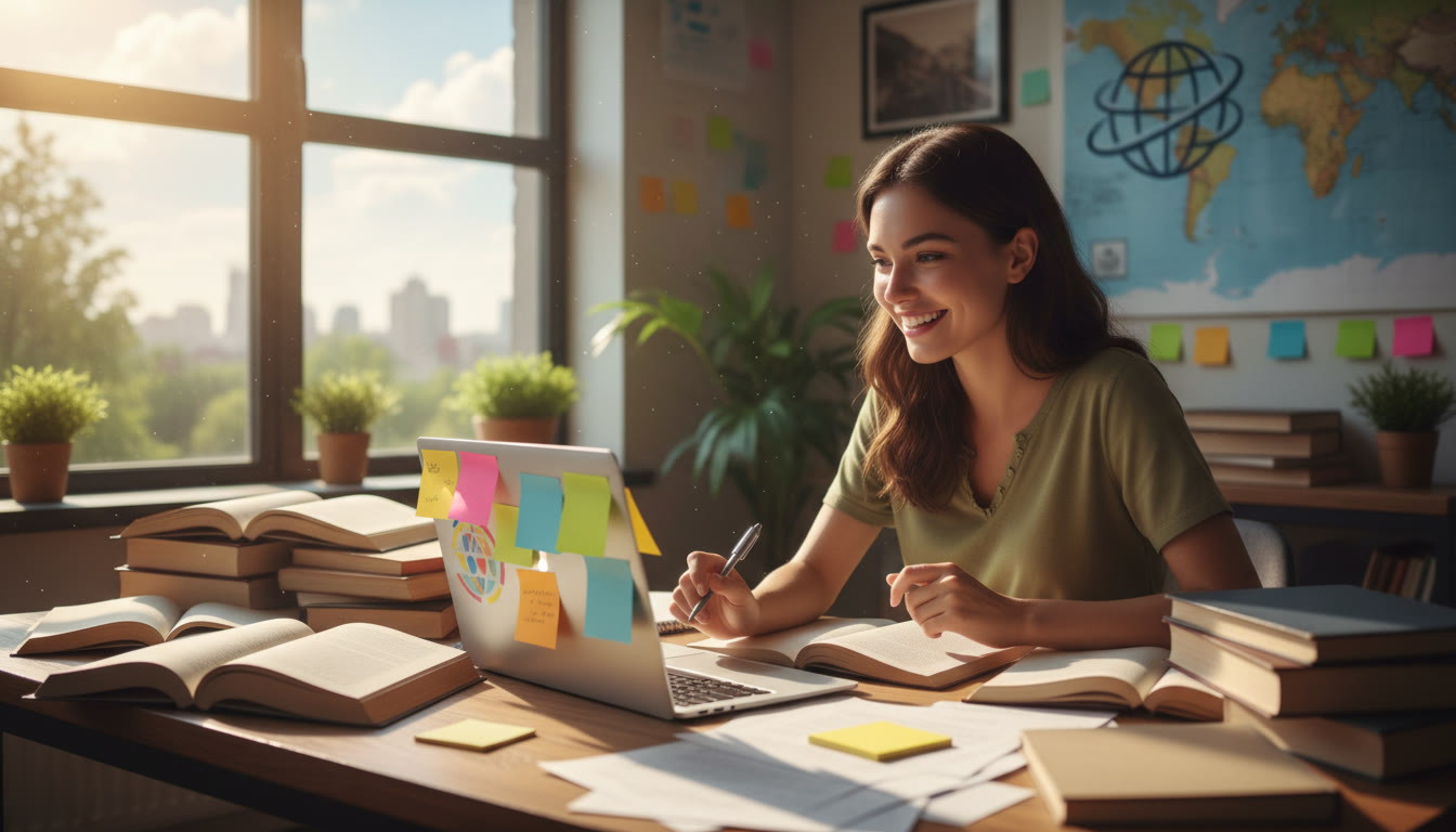 Photo Idea : student at a desk surrounded by open books and a laptop, colourful sticky notes visible