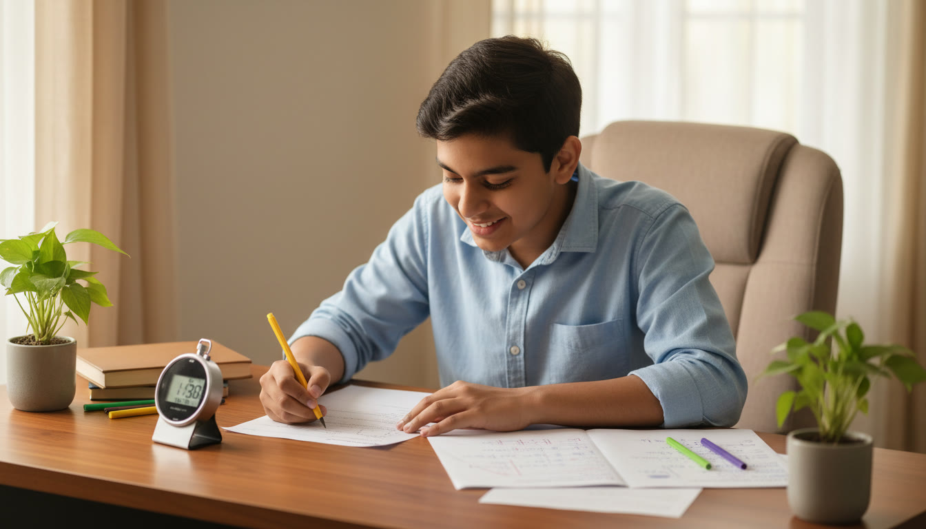 Photo Idea : A focused Class 12 student at a desk, solving a sample paper with a stopwatch and neat handwritten notes