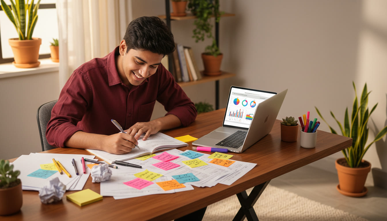 Photo Idea : A focused student at a desk, papers and a laptop open, annotating previous year papers with colorful sticky notes