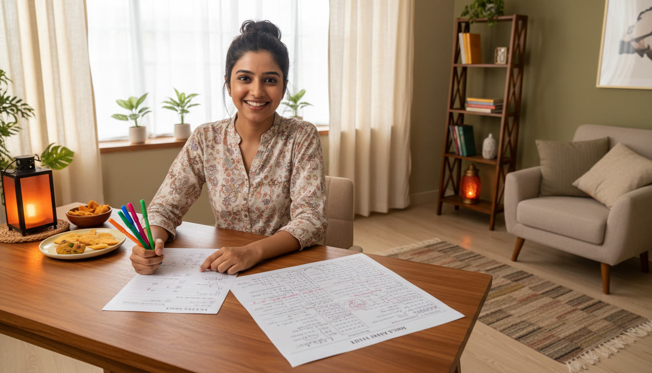 Photo Idea : A student marking a mock test with colored pens and a printed answer sheet