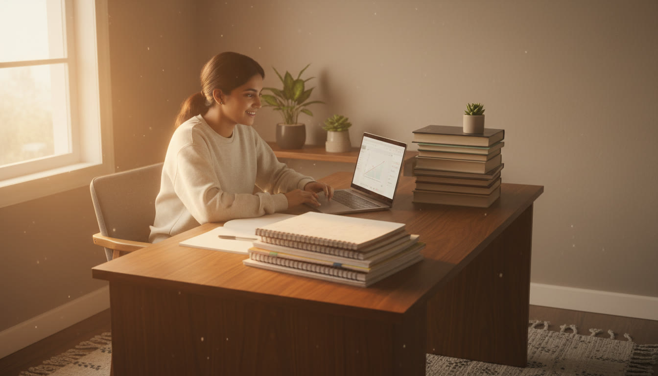 Photo Idea : Student at a desk early morning, balancing school books and JEE notes with a laptop open and a notebook