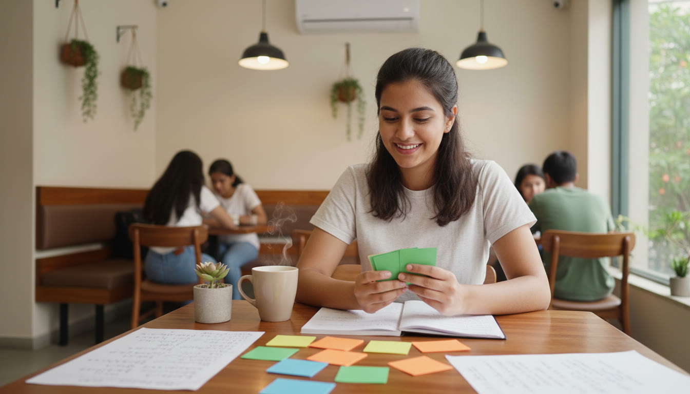 Photo Idea : A student revising colourful flashcards and formula sheets at a café table