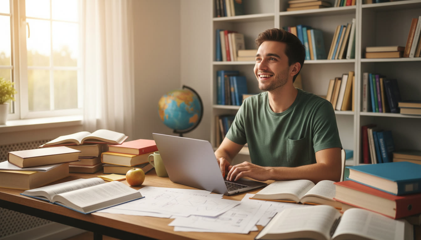 Photo Idea : student at a desk surrounded by books and a laptop, mid-research with notes spread out