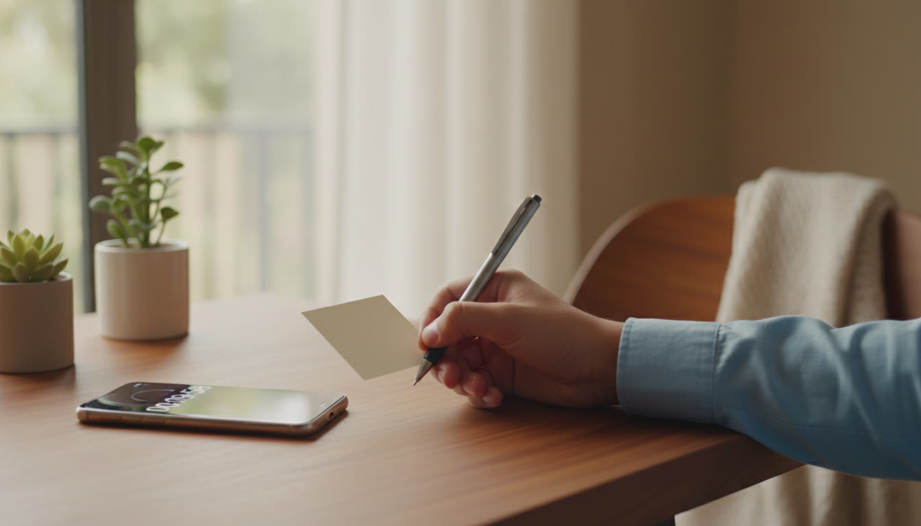 Photo Idea : Close-up of a student’s hand writing on a small revision card while a timer counts down on a smartphone.