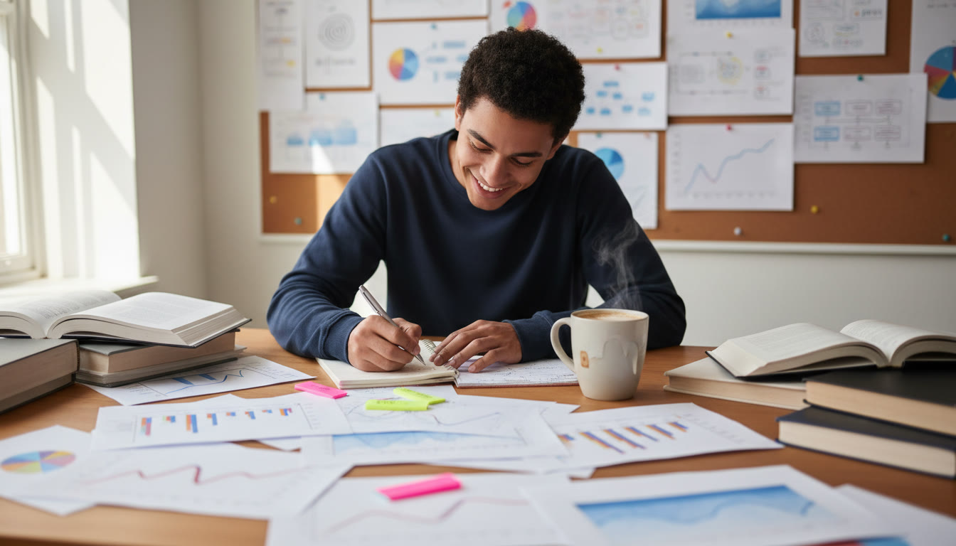 Photo Idea : Student at a desk surrounded by printed graphs and highlighted notes, writing an economics essay with a cup of coffee