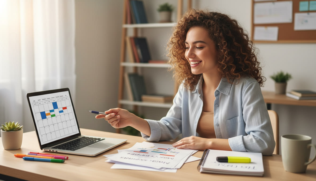 Photo Idea : Student at a desk with mock exam papers, a laptop open to a calendar, and an IA draft beside a highlighter