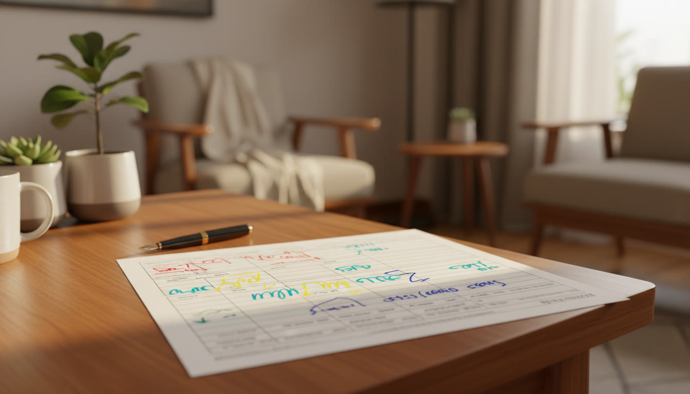 Photo Idea : Close-up of a mock test analysis sheet with colored highlights and handwritten notes