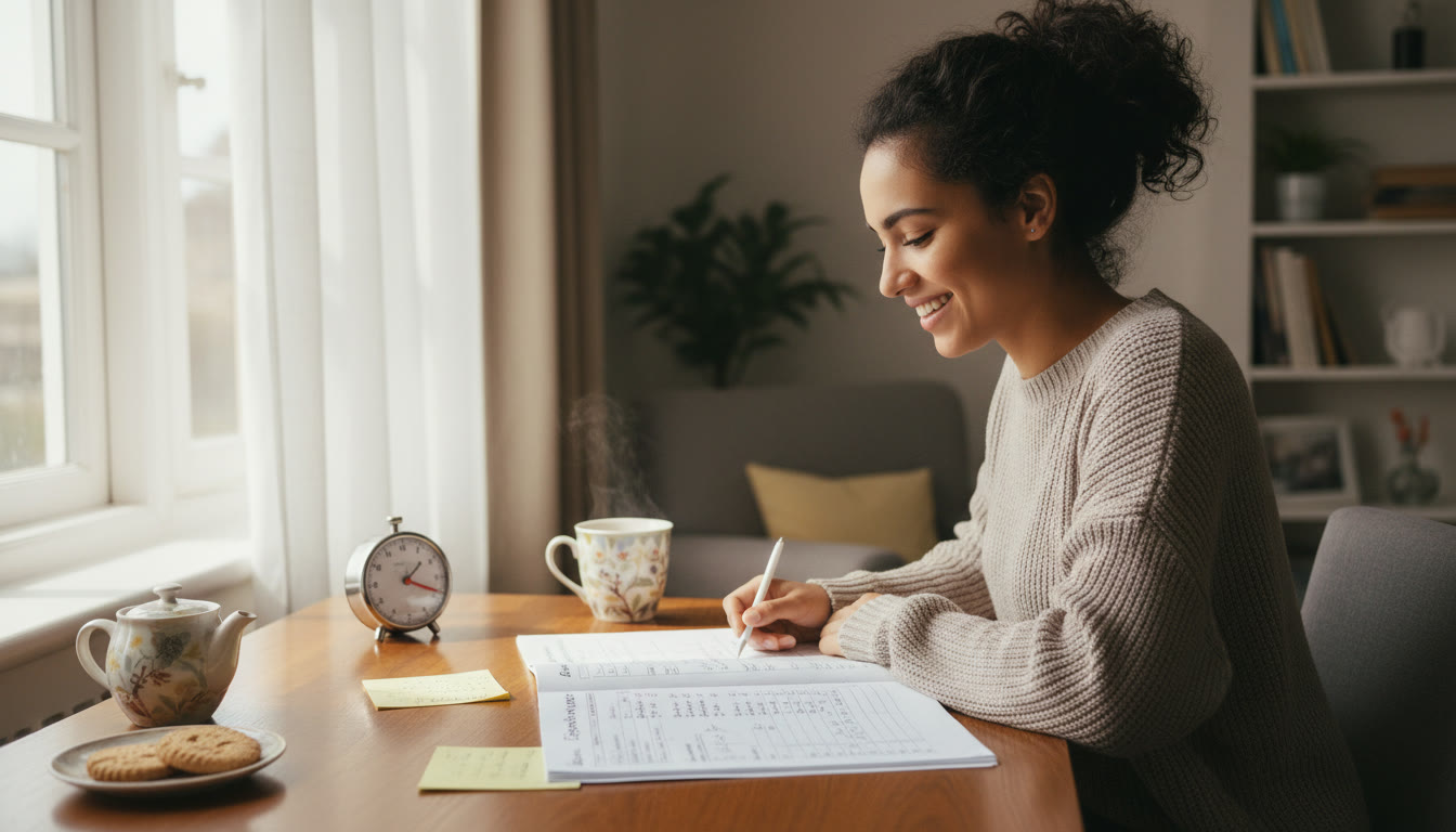 Photo Idea : A student in a quiet study corner doing a past paper with a timer and a cup of tea nearby