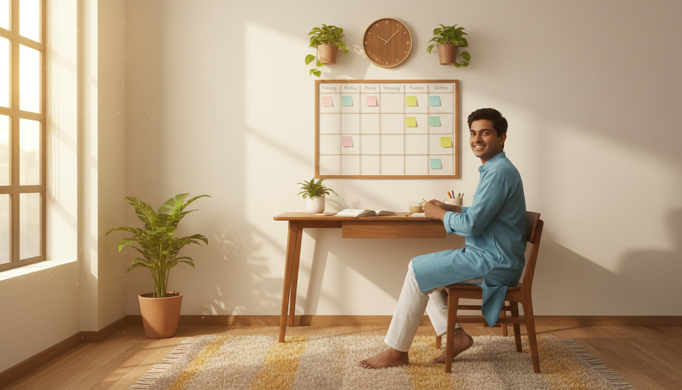 Photo Idea : Student at a desk with a wall planner and analog clock, arranging a weekly schedule