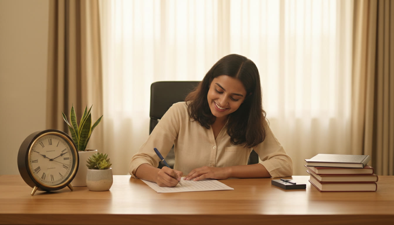 Photo Idea : A student filling an OMR sheet with a visible analog clock and an organized test desk.