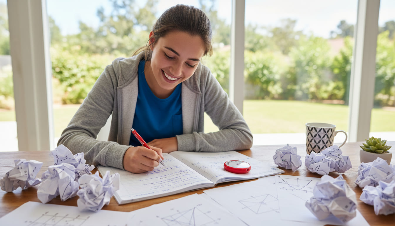 Photo Idea : student annotating physics notes with a stopwatch and scatter of practice papers