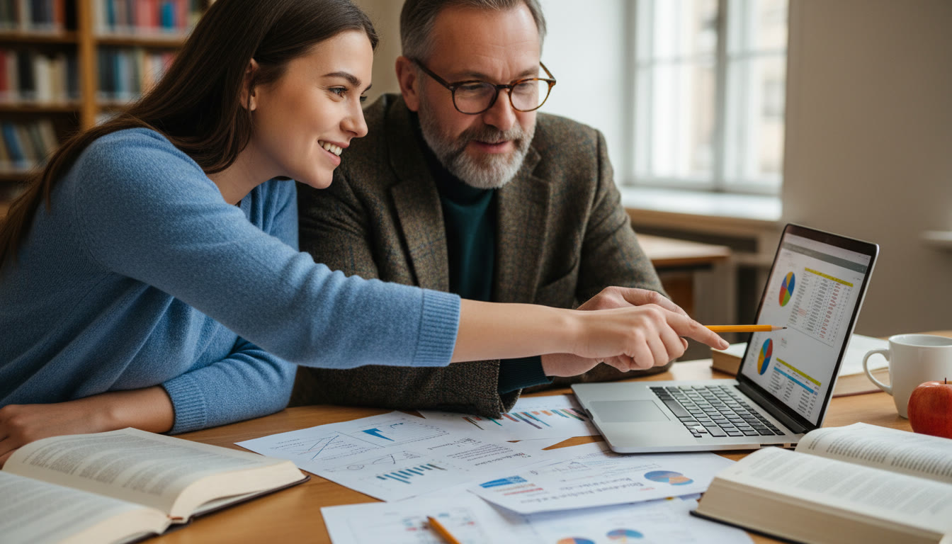 Photo Idea : Student and supervisor leaning over a desk, pointing at a laptop screen with notes spread out
