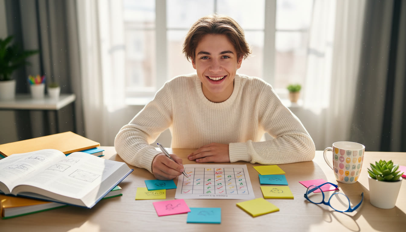 Photo Idea : Student at a desk with a neat 30-day checklist and colorful sticky notes