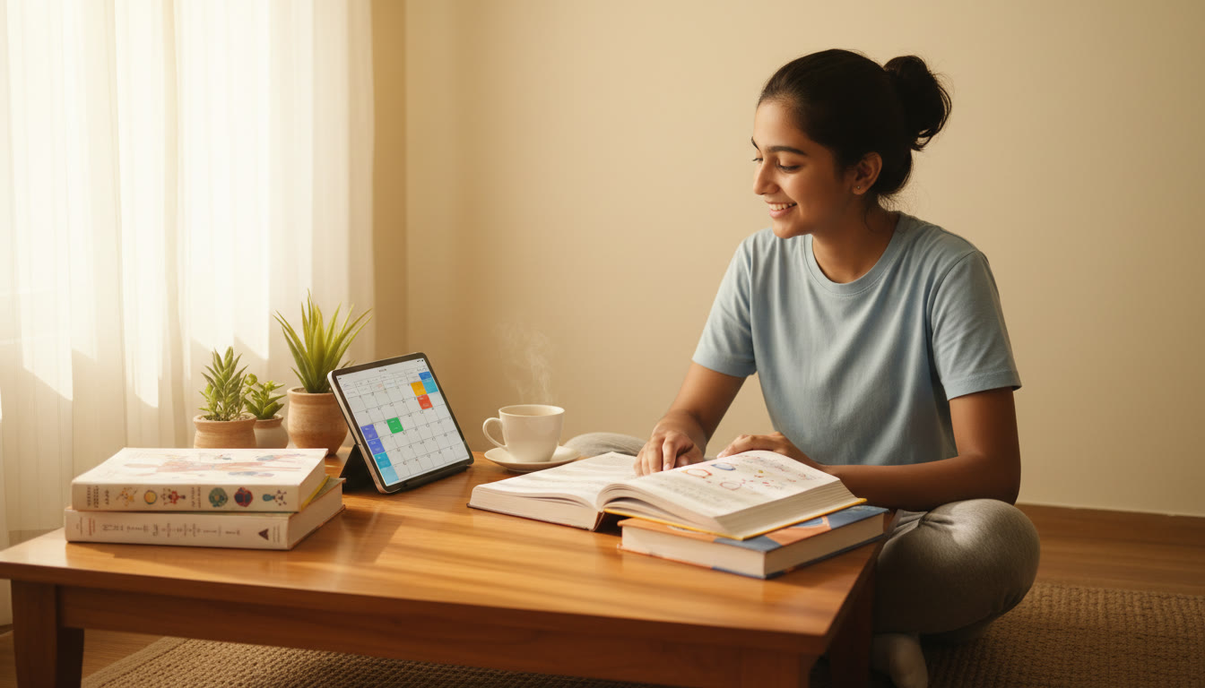 Photo Idea : A focused student at a desk with NEET books and a tablet showing a study schedule